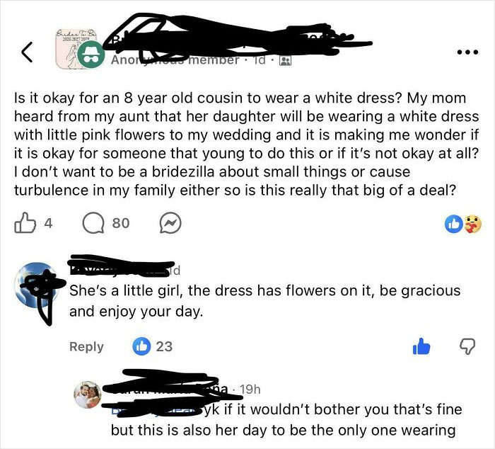 A social media post from a bride-to-be asking if an 8-year-old cousin can wear a white dress to the wedding, discussing wedding day etiquette.