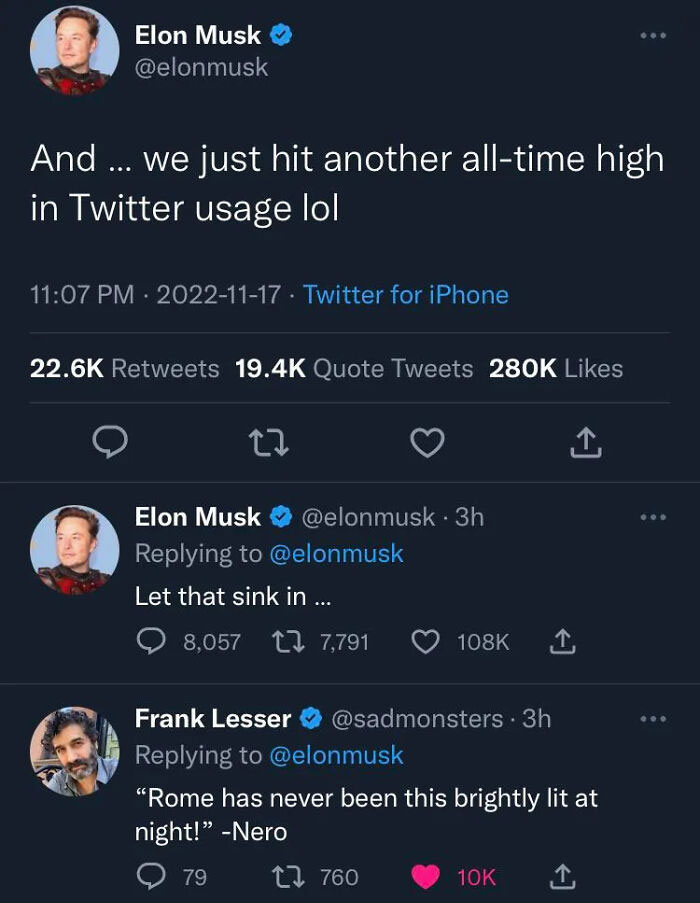 A screenshot of Elon Musk's tweet about Twitter usage and a funny reply, offering random jokes.