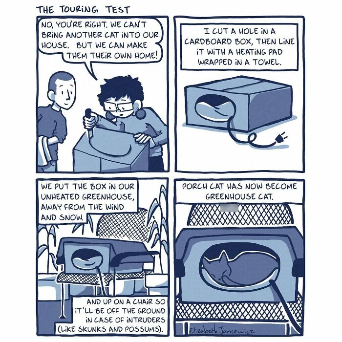 A heartwarming comic series depicts building a shelter for a stray cat in a greenhouse, turning it into a greenhouse cat, showcasing their bond. A heartwarming comic series depicts building a shelter for a stray cat in a greenhouse, turning it into a greenhouse cat, showcasing their bond.