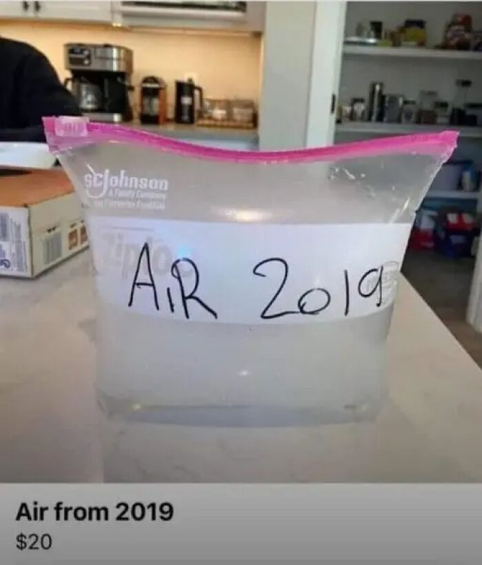 A Ziploc bag labeled AIR 2019 on a kitchen counter, showcasing a weird online marketplace listing.