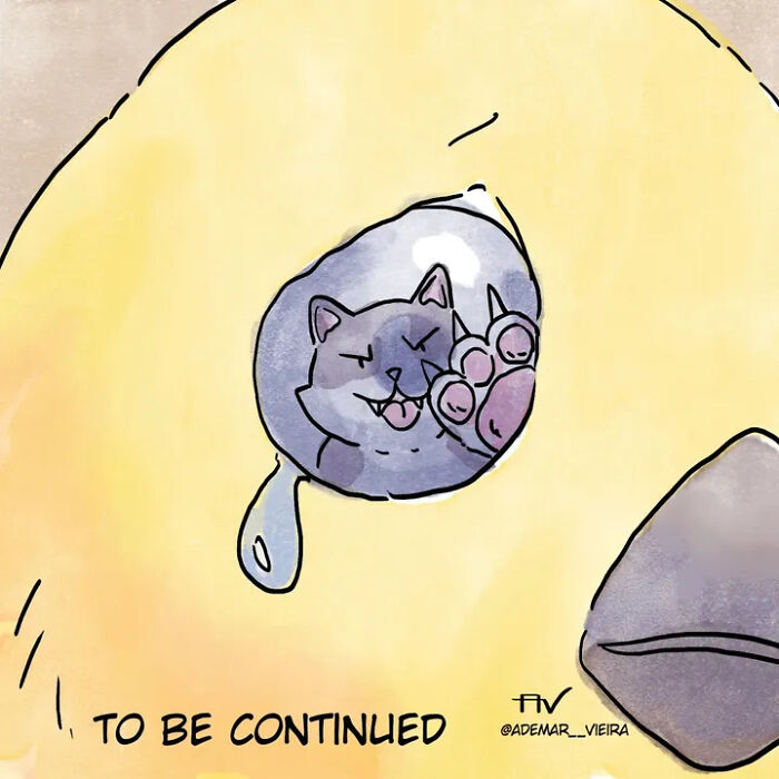 A comic of a gray cat sleeping on a large yellow body, perfectly capturing life with pets. A comic of a gray cat sleeping on a large yellow body, perfectly capturing life with pets.