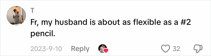 A social media comment from a woman sharing info about her blue-collar husband's flexibility. A social media comment from a woman sharing info about her blue-collar husband's flexibility.