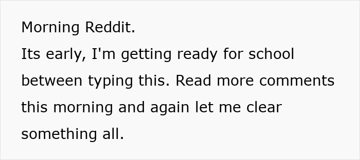 A screenshot showing text from an adopted teen on Reddit, getting ready for school and clearing something. A screenshot showing text from an adopted teen on Reddit, getting ready for school and clearing something.