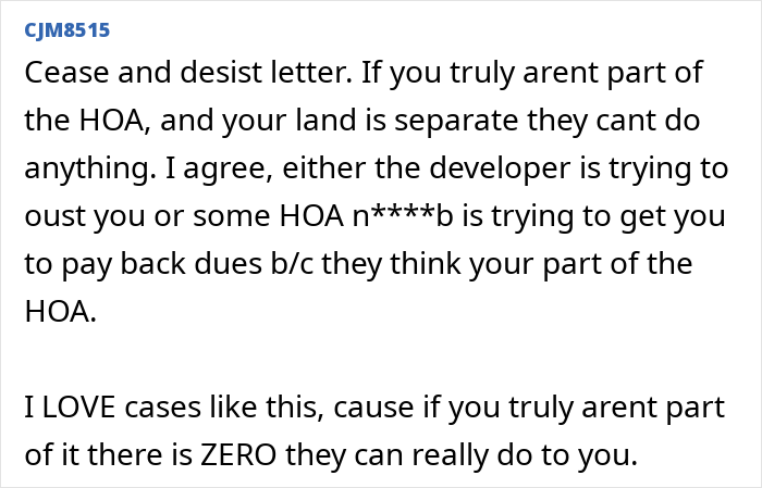 Reddit comments suggesting a cease and desist letter for an HOA resident facing a secret scheme.