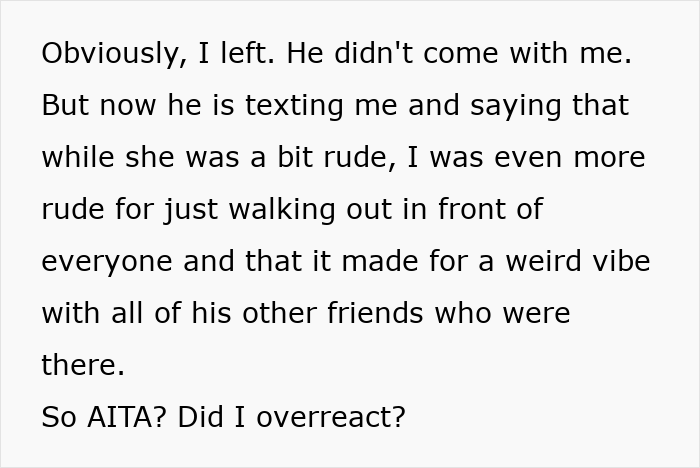Text about walking out of a party because the boyfriend was welcome but the host's reaction was rude.