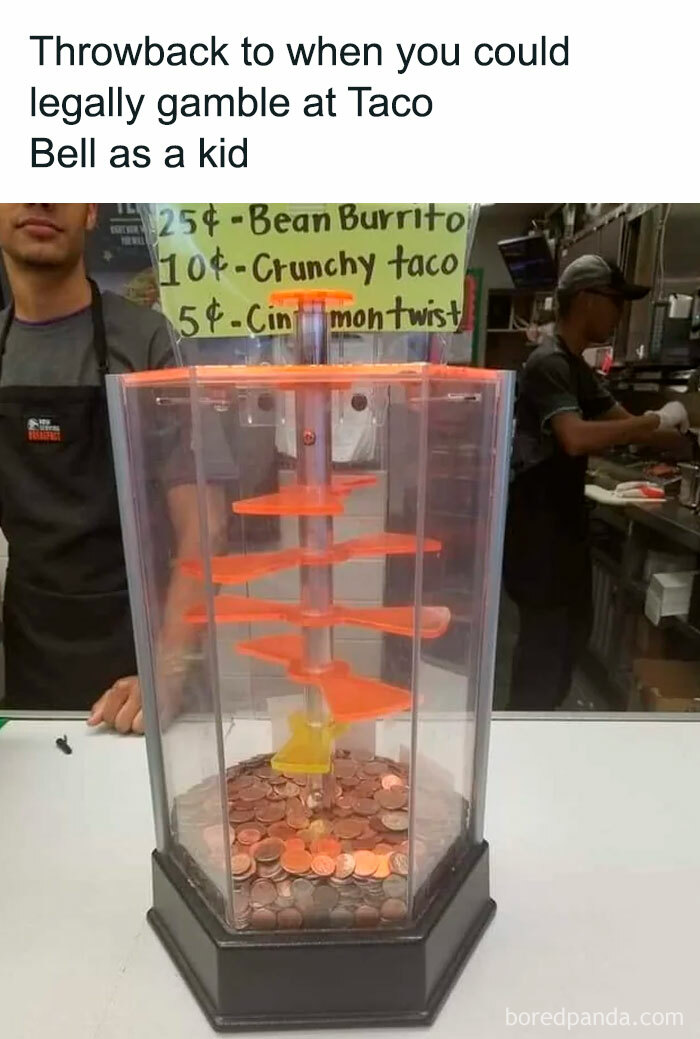 A coin drop game at Taco Bell, a nostalgic scene from 90s memes where kids could gamble.