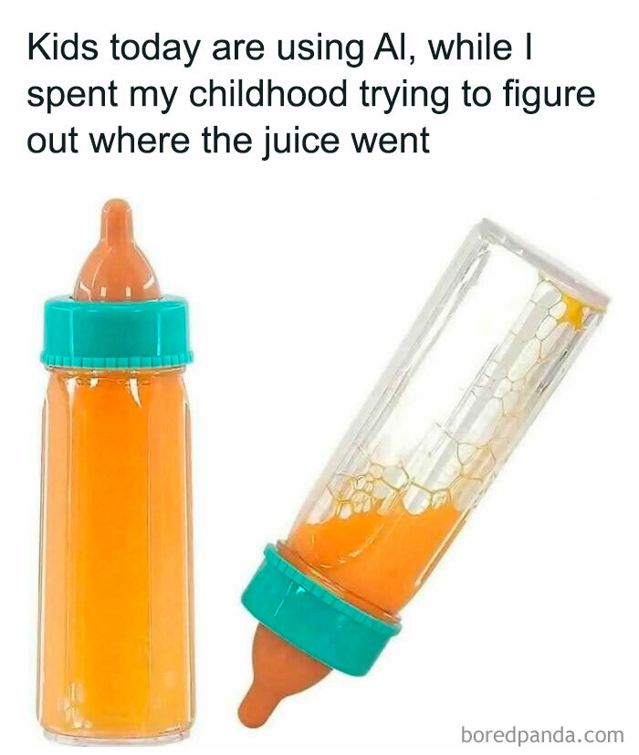 A funny '90s meme showing baby bottles with disappearing juice, contrasting '90s childhood with AI.
