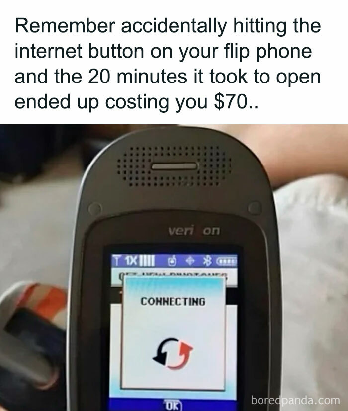 A hilarious '90s meme showing a flip phone trying to connect to the internet, costing $70.