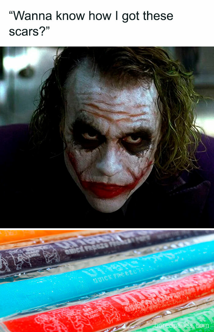 A '90s meme featuring the Joker from The Dark Knight asking about his scars, with colorful freeze pops below.