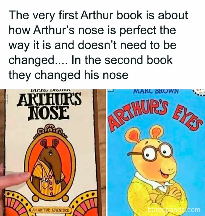 Hilarious 90s meme contrasting Arthur's Nose and Arthur's Eyes book covers, about changing noses.