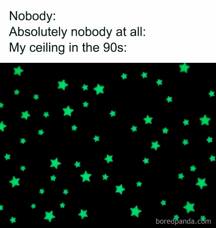 A black background with glowing green stars, a funny '90s meme referencing bedroom decorations.