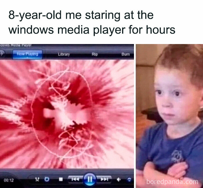 A '90s meme with a child staring at Windows Media Player visualizer. Hilarious '90s Memes.