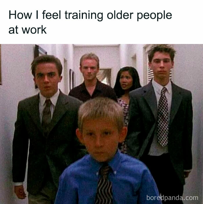A 90s meme showing characters from Malcolm in the Middle, with the text 'How I feel training older people at work'.