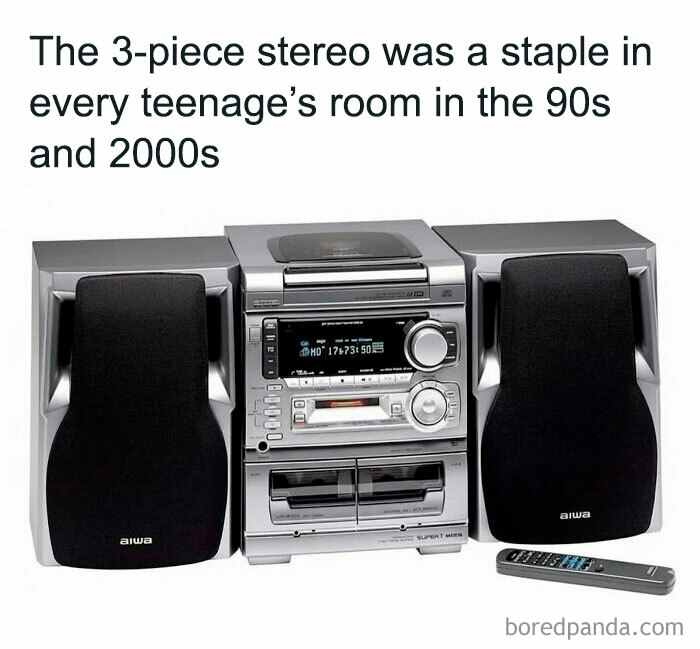 A '90s meme featuring a classic three-piece stereo system with two speakers and a remote.