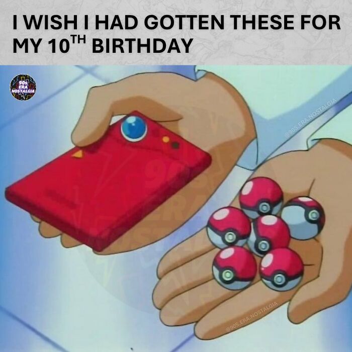 An illustration of hands holding a red game device and several Poké Balls, a funny '90s meme.