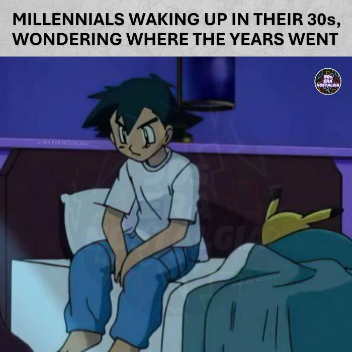 A '90s meme of Ash Ketchum from Pokémon sitting on a bed looking sad. Hilarious '90s Memes.