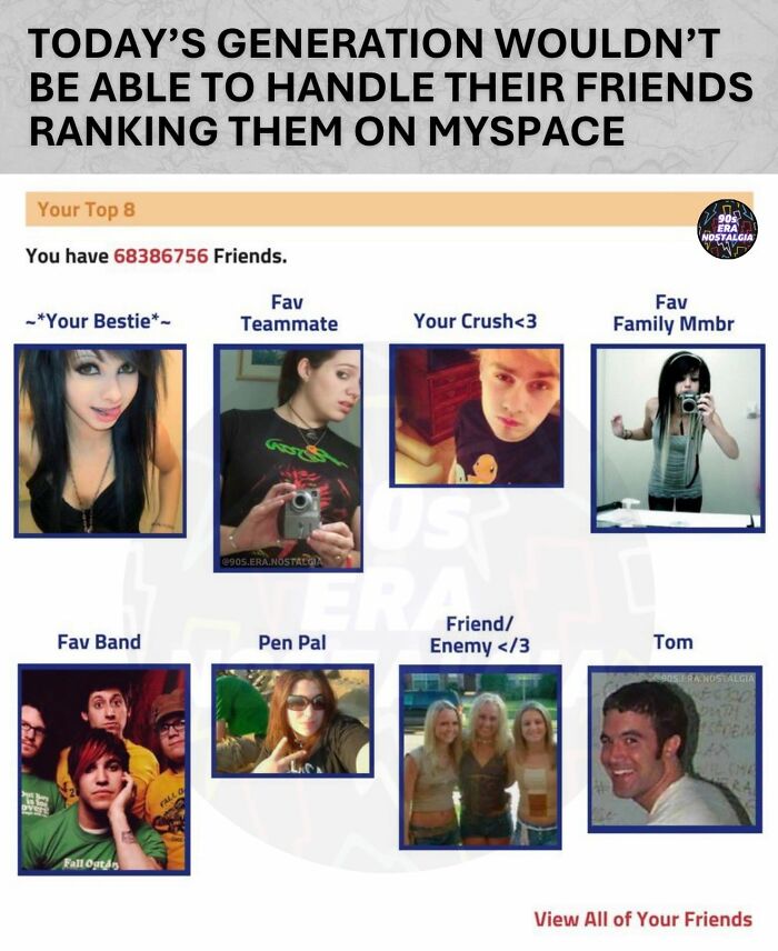 A '90s meme of a Myspace Top 8 profile, showing different ranked friends. Hilarious '90s Memes.