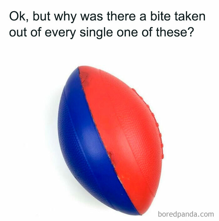 Hilarious 90s meme of a red and blue rubber football with a bite taken out, a common childhood mystery.