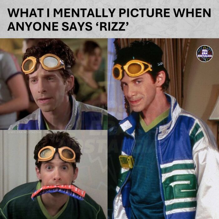A split image meme featuring a person wearing goggles, depicting 90s memes and humor.
