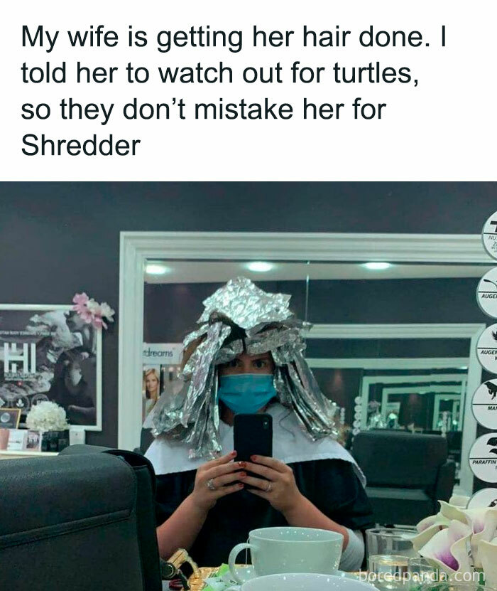 Hilarious 90s meme showing a woman with hair foils, humorously likened to Shredder, avoiding turtles.