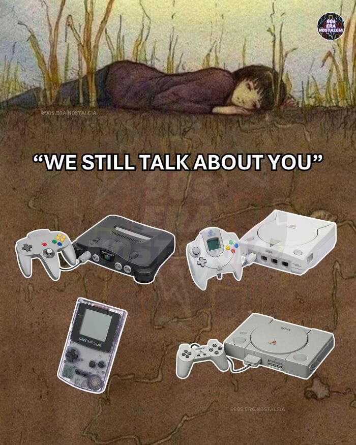 Hilarious 90s meme: A person underground surrounded by classic 90s video game consoles.