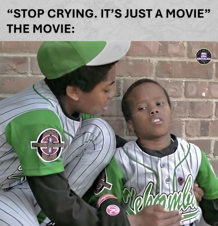Hilarious 90s meme: Two boys in baseball uniforms, one comforting the other, related to 90s movies.