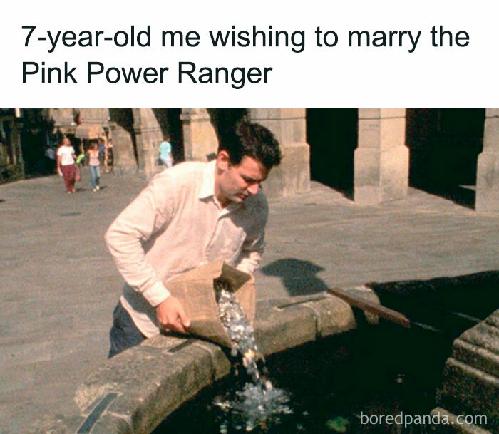 A man pouring coins into a fountain, a funny 90s meme evoking childhood wishes.