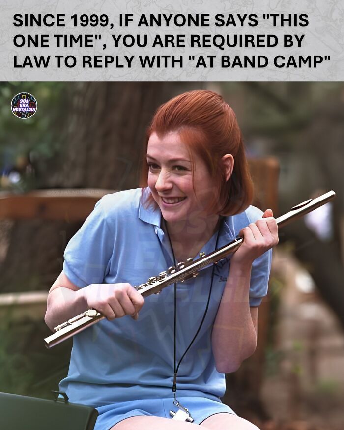 A funny meme featuring Alyson Hannigan as Michelle Flaherty from American Pie holding a flute, a classic 90s meme.