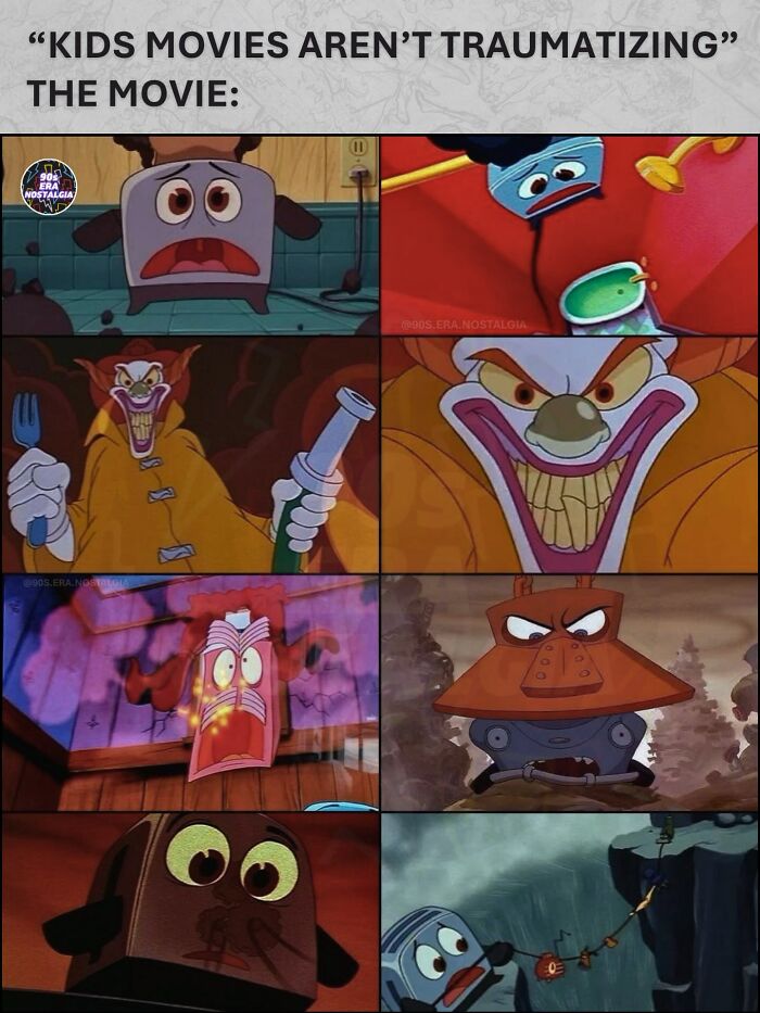 A collage of unsettling scenes from The Brave Little Toaster, a 90s movie, highlighting its potentially traumatizing nature.