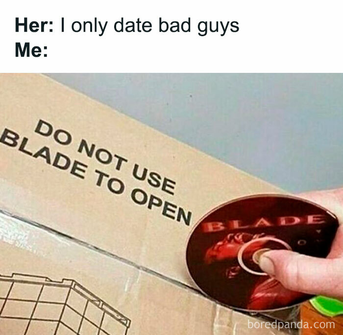 A hand uses a Blade DVD to open a box, humorously misinterpreting 'DO NOT USE BLADE TO OPEN' in 90s memes.