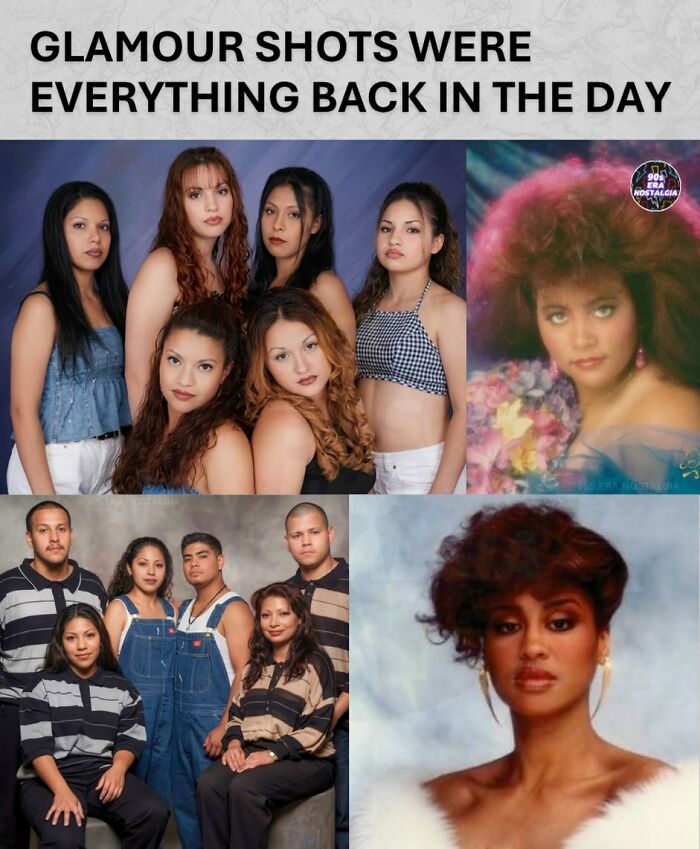 A collage of hilarious 90s glamour shots, capturing the unique style of the 90s.