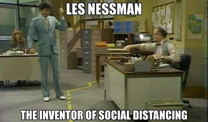 A meme depicting Les Nessman as the inventor of social distancing, highlighting what Gen X is going through.