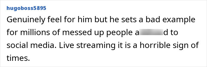 hugoboss5895 comments on Perez Hilton's situation from his hospital bed, raising concerns about live streaming.