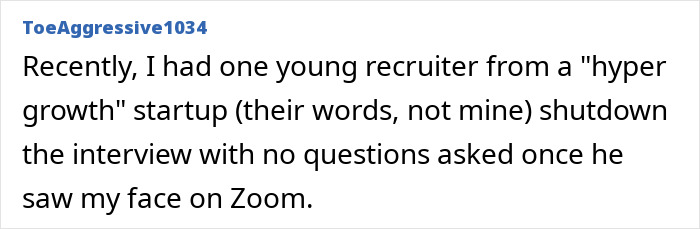 A screenshot of a Reddit comment discussing ageism during job interviews, specifically a recruiter shutting down an interview based on appearance.