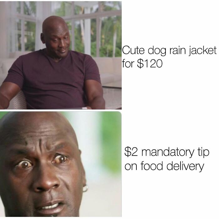 Funny dog memes: Michael Jordan looking confused about a $2 mandatory tip for food delivery.