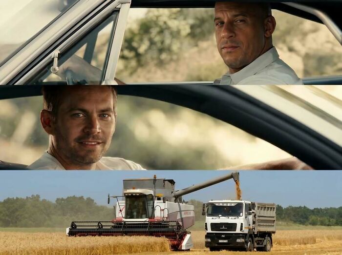 A collage of movie characters and a combine harvester, highlighting why people from Eastern Europe are built different.
