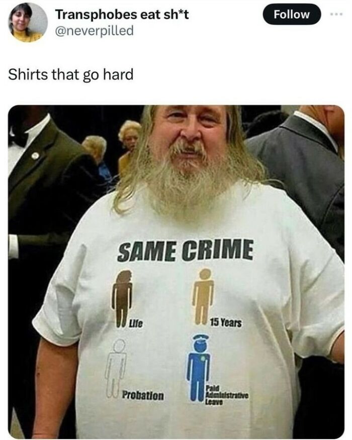 A man wearing an iconic shirt with graphics showing different sentences for the same crime, highlighting social issues.