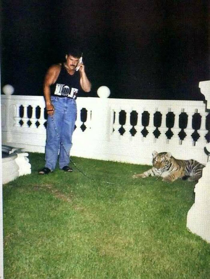 Man from Eastern Europe on a phone, standing next to a tiger on a leash in a garden at night.