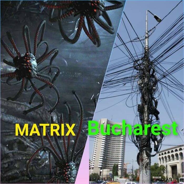 A split image comparing The Matrix with a tangled utility pole in Bucharest, illustrating Eastern Europe is built different.