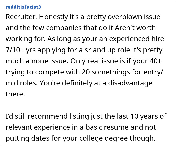 A Reddit comment discusses resume botoxing, suggesting listing the last 10 years of experience and omitting college degree dates.