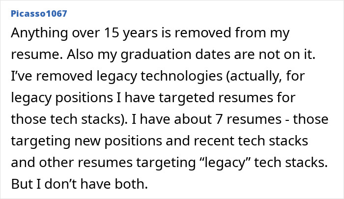 A Reddit comment on resume botoxing, explaining the removal of over 15 years experience and graduation dates from resumes.