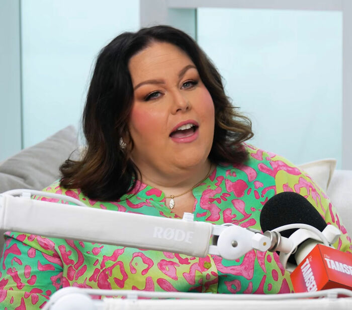 Chrissy Metz on a podcast, discussing her experience with GLP-1 meds and weight loss.