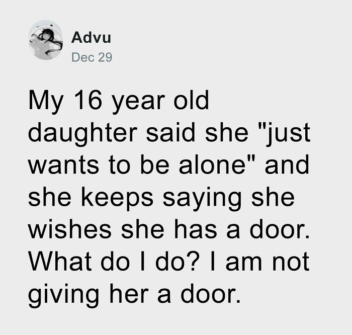 A social media post from a parent asking for advice about their 16-year-old daughter who wants a door.