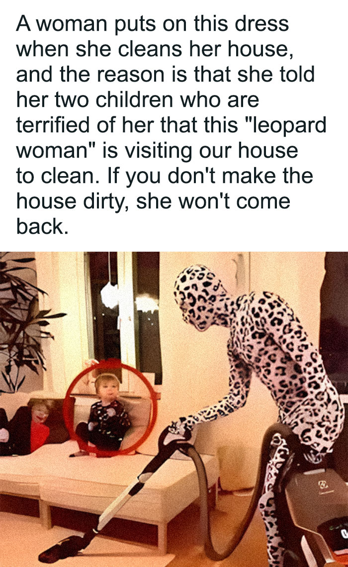 A woman in a leopard-print suit vacuuming, while two children watch. This is how parents solve problems by encouraging kids to clean.