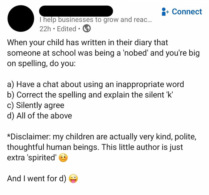 Facebook post by a parent, humorously describing a wrong way to solve a childs spelling and language problem.