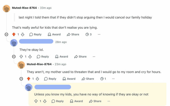 A Reddit thread discussing how parents solve problems by threatening to cancel a family holiday.