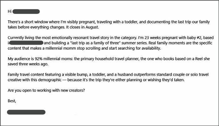 An email from a visibly pregnant parent traveling with a toddler, potentially a wrong way to solve a problem.
