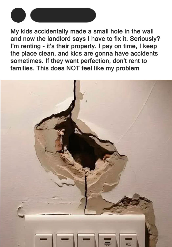 A parent shares an image of a huge hole in the wall, expressing frustration over having to pay for the damage.