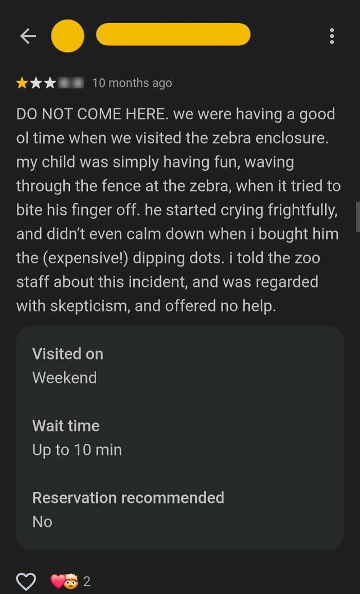 A review complains about a child trying to pet a zebra at a zoo, demonstrating a parent's wrong way to solve a problem.
