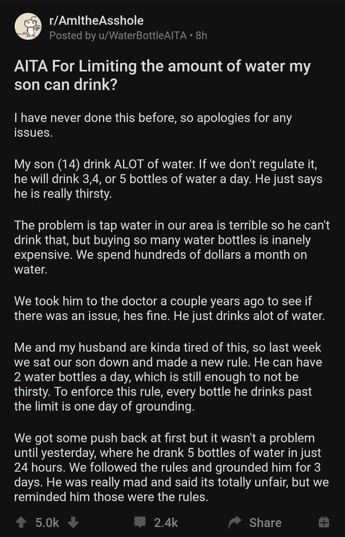 A screenshot of a Reddit post where parents are limiting their son's water intake, causing a problem.